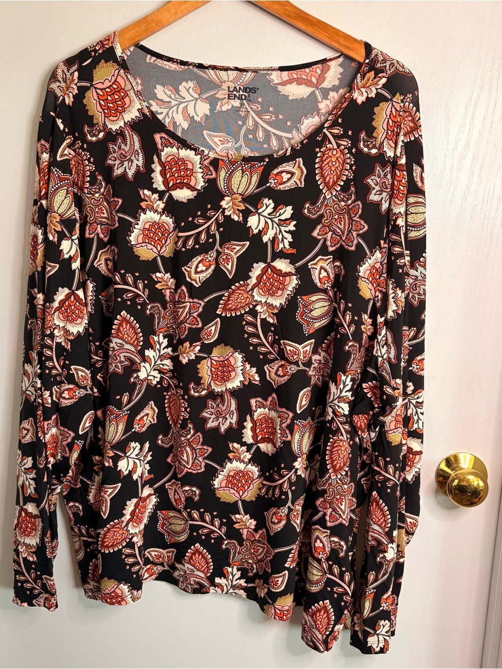 Lands' End 3X Floral Paisley Knit Stretch Long Sleeve Scoop Neck Top Boho Chic